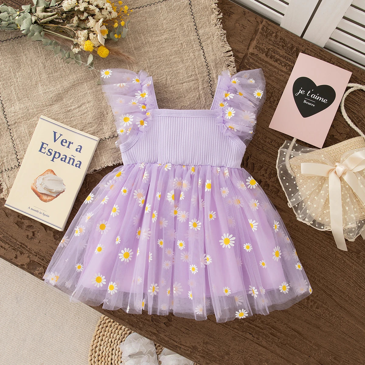 Baby Girl Dress Fashion Daisy Print Mesh Princess Dress Soft Comfortable Baby Outing Dress