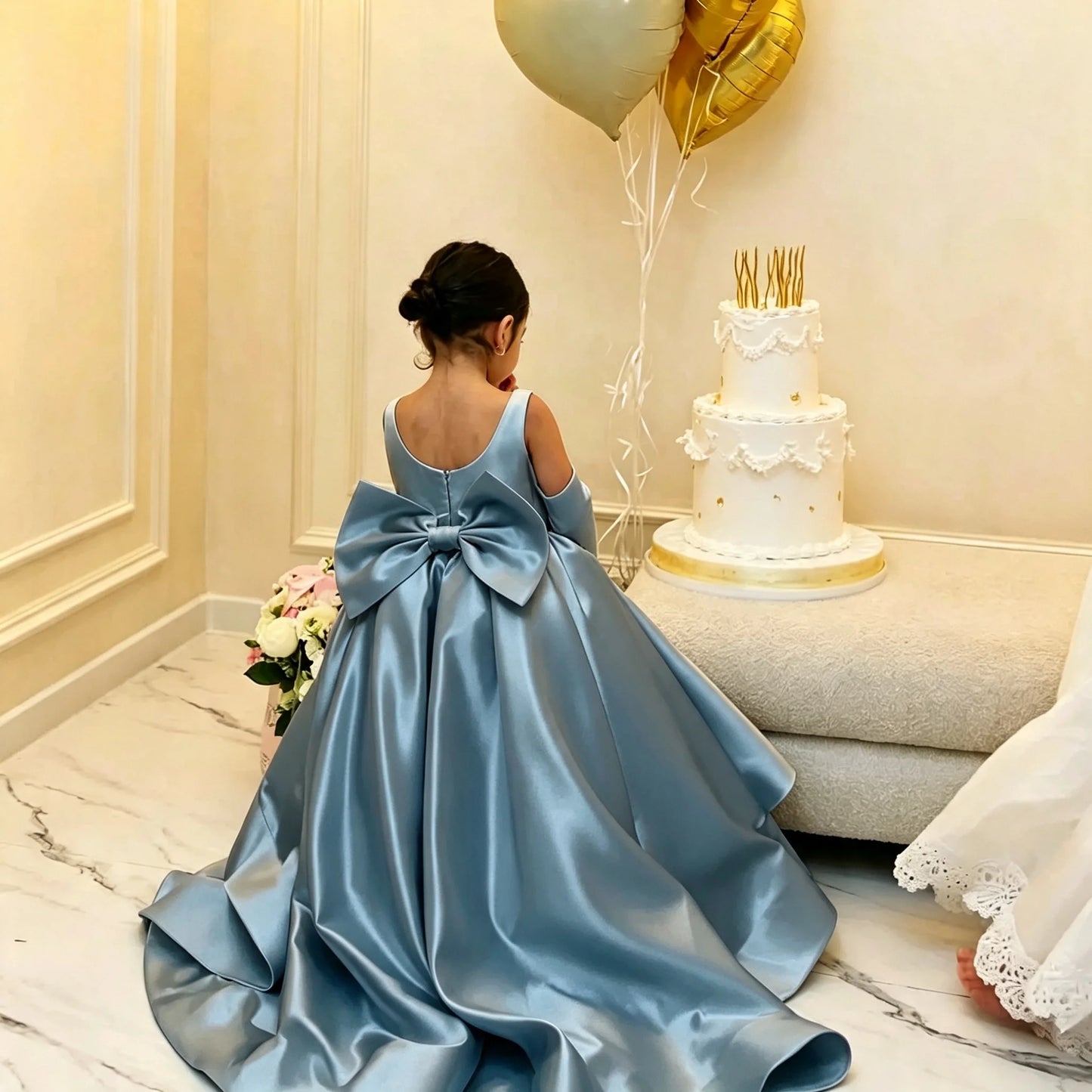 Flower Girl Dress White Satin A-Line Bow Back Long Train Flower Girl Gown Toddler Wedding Pageant Events Customized Wholesale