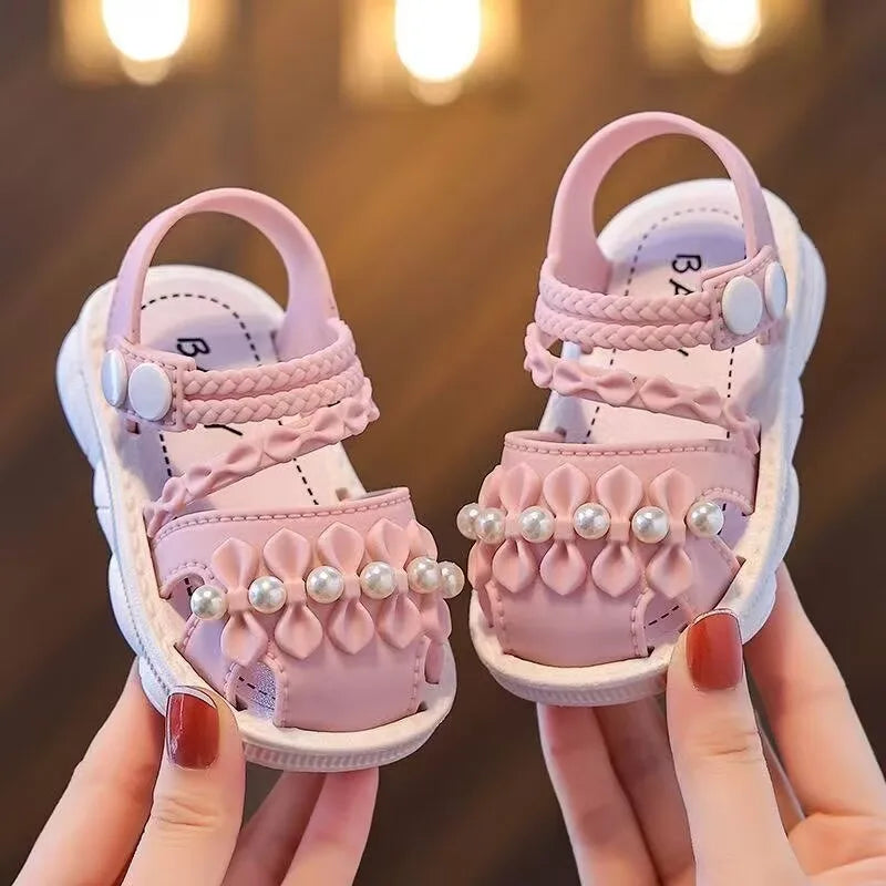 Summer Girls Sandals Cute Bow Pearl Bead Baby Girl Shoes Soft Bottom Toddler Sandals