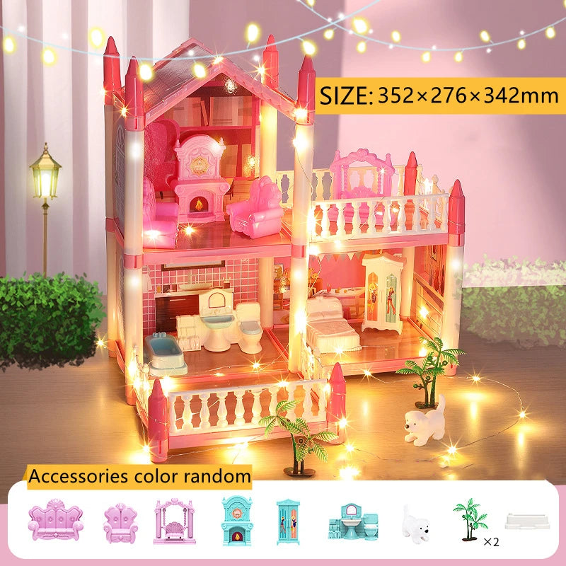 Girls Toddler Doll House - Large Doll House with 4 Dolls, Furniture, Accessories, LED Lights, 4 Stories Princess Dream House Toy