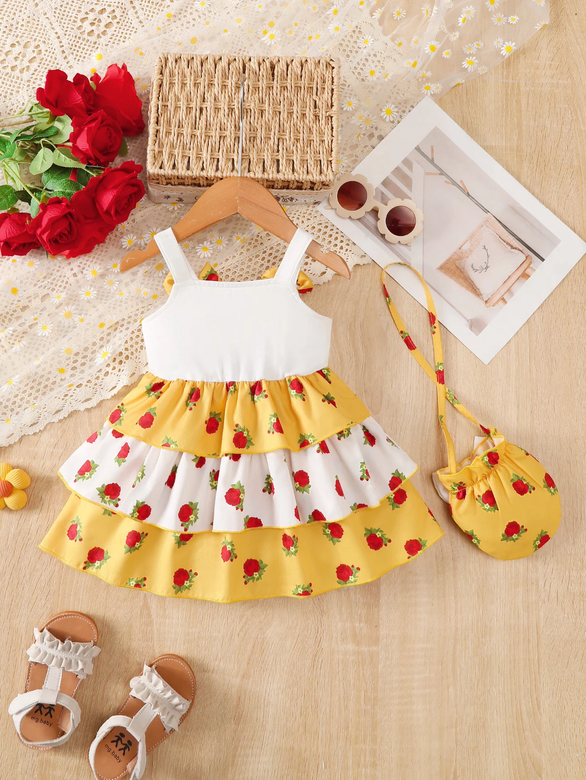 Baby Girl Dress, Comfortable and Versatile, Cute Sleeveless Strap Dress with Bow and Floral Print, Elegant Cake Dress + Crossbody Bag 2-Piece Set