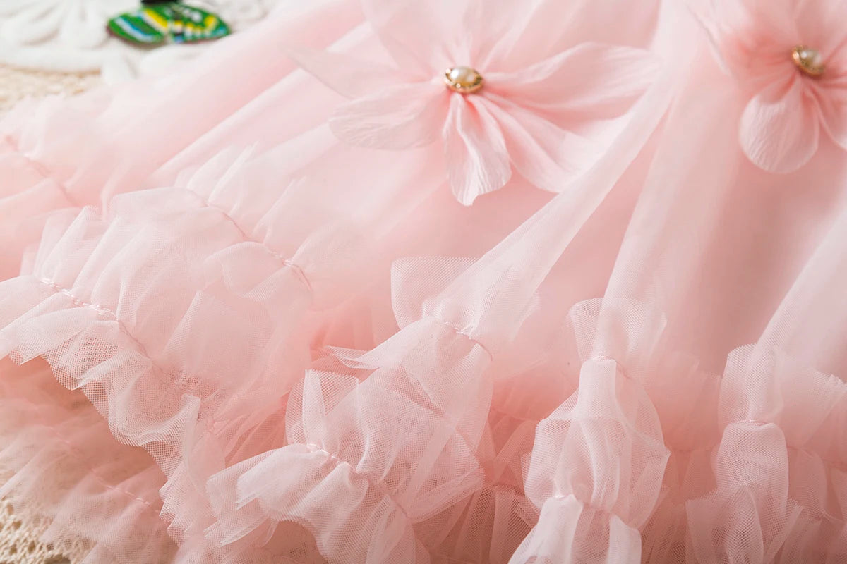 Toddler Girl Princess Pink Flower Decorated Wedding Party Dress