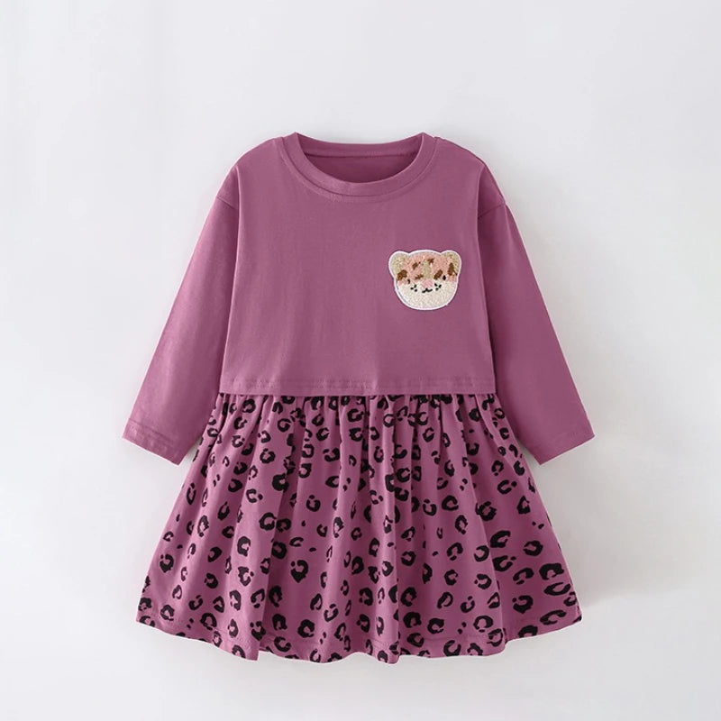 Girls Dress 2025 Spring Autumn New Europ-America Style Round Neck Leopard Pattern Dress