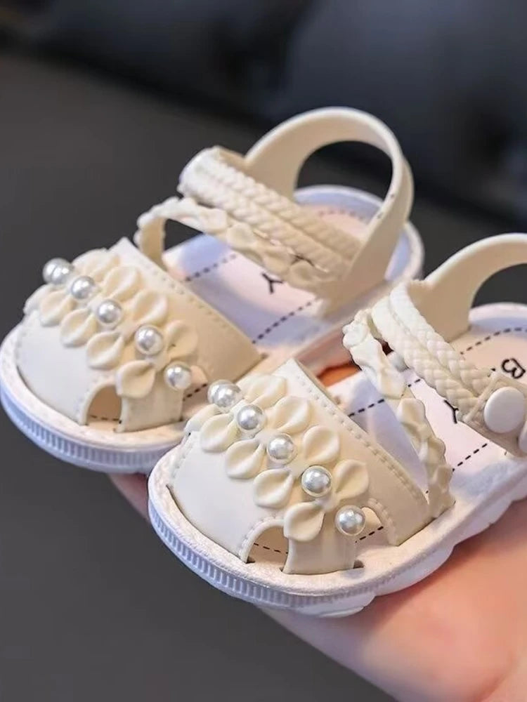 Summer Girls Sandals Cute Bow Pearl Bead Baby Girl Shoes Soft Bottom Toddler Sandals