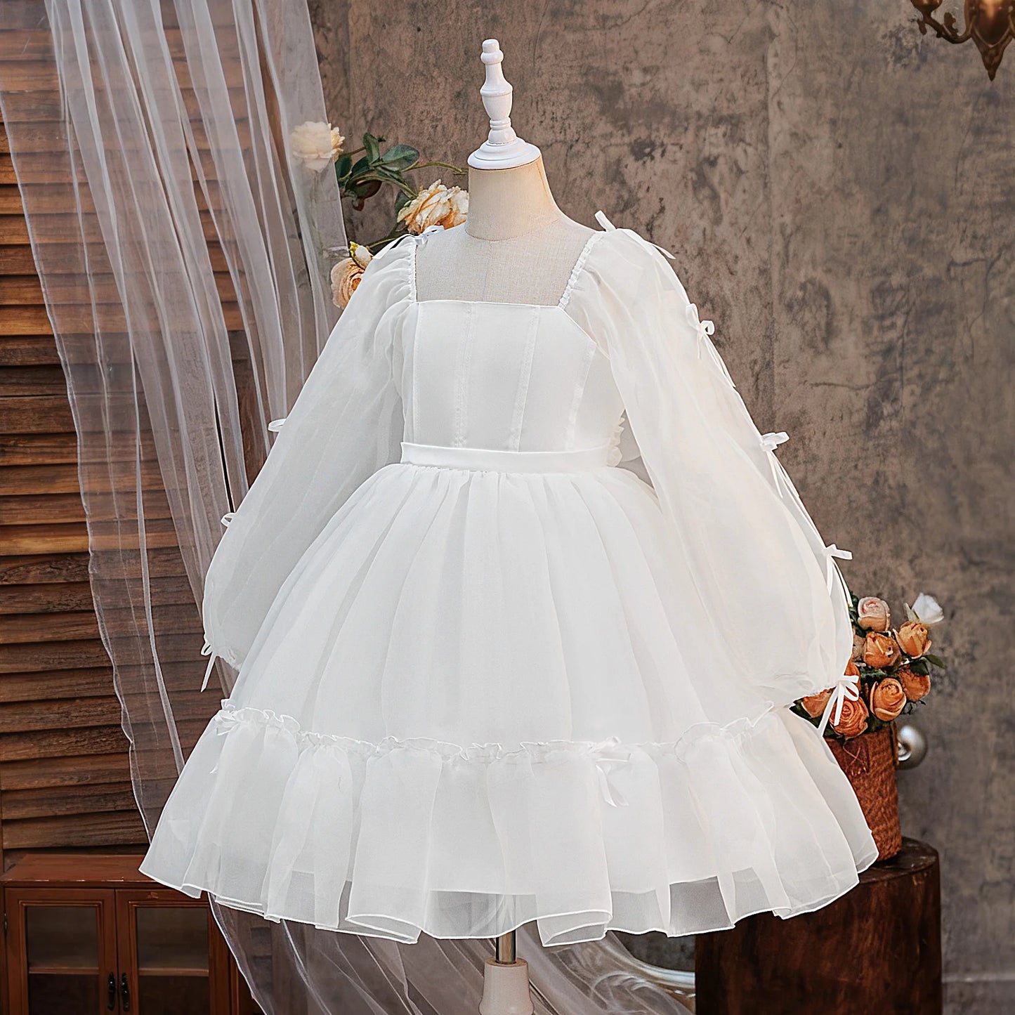 Elegant White Bridesmaid Prom Girls Dresses Gala Wedding Gown Bow Birthday Party Dress