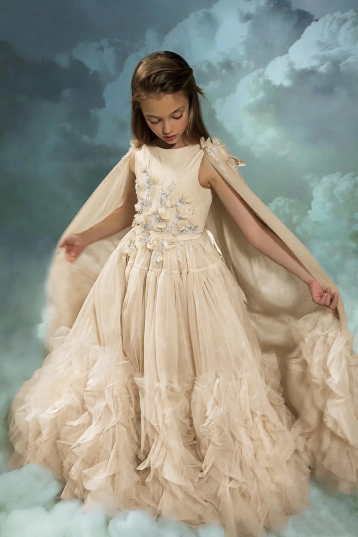 Blush Pink Flower Girl Dresses With Cape Customized Floral Ruffles Princess Baby Girl's Birthday Party Gowns Kids Pageant Dress