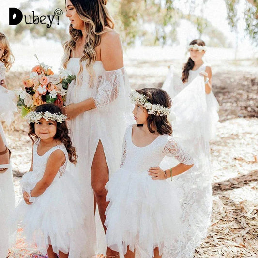 Flower Girl White Lace Vacation Festival Dress Elegant Lace Backless Prom Dress