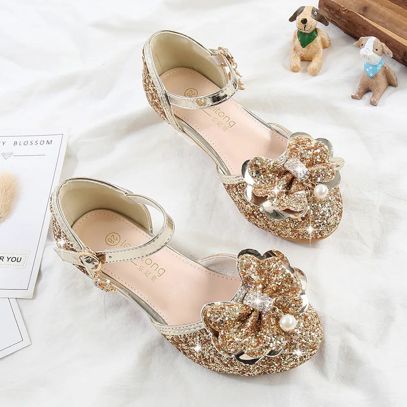 Girls' High Heels Fashion New Sequin Bow Shoes Children's Dance Single Shoes