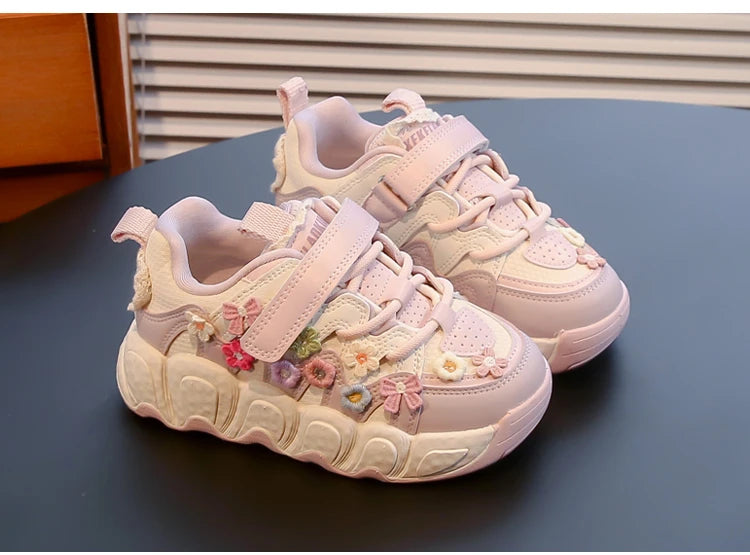 Fashion Leather Sneakers for Girls Children Casual Sports Shoes Floral Pattern Shoes for Kids Comfortable Walking Shoes