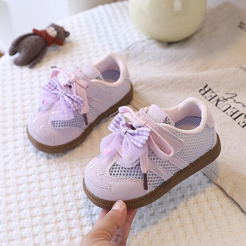 Girls Casual Shoes Spring Summer Children Hollow Sneakers with Cut-outs Breathable Holes Cute Bow-knot Soft Comfortable Sweet