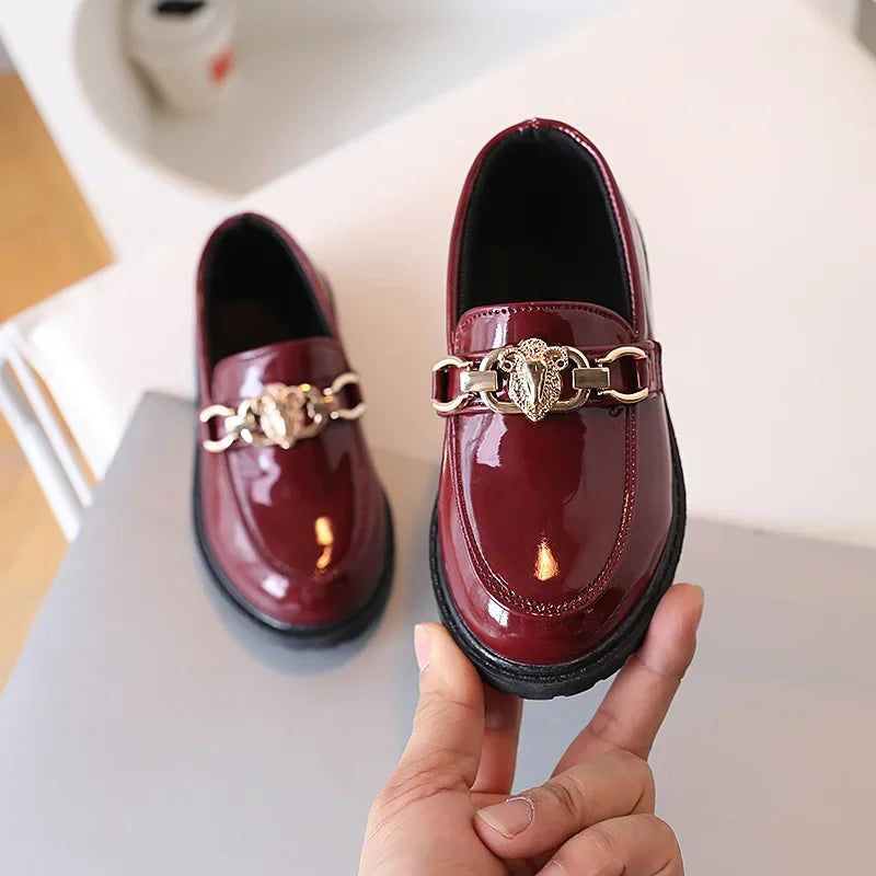 2025 for Children Platform Black Patent Leather Chain Fashion Boys Girls Flat Shoes Four Season Elegant 26-36 Kids Shoe