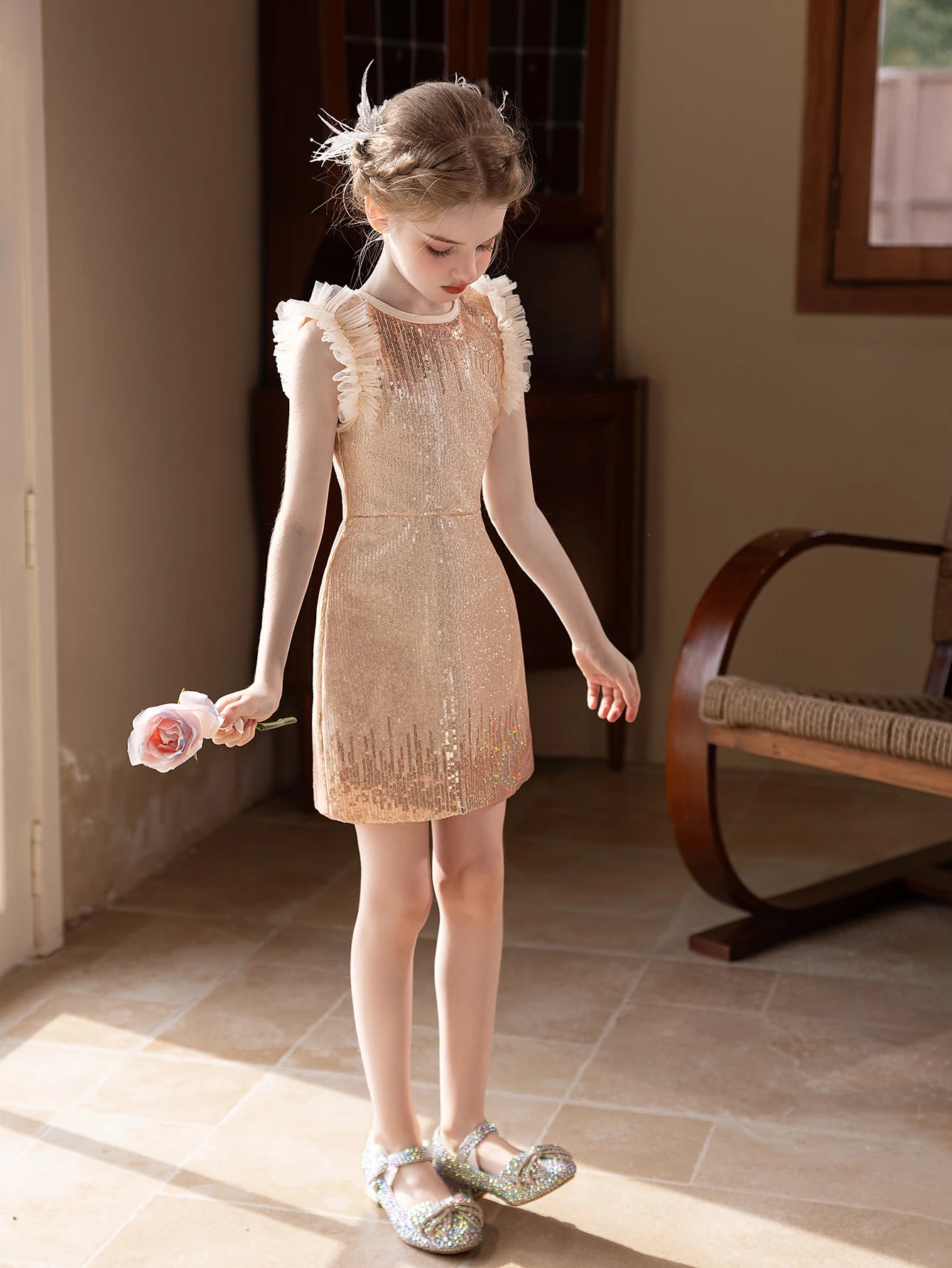 Girl party dress champagne-colored high-end dress set for birthday wedding Dress