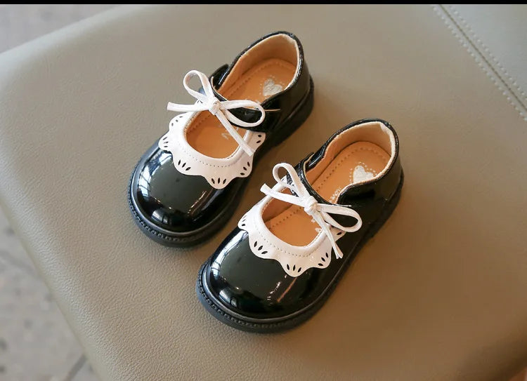 Girl's Princess Shoes Wine Red Black Ruffles Elegant Patent Leather Bowknot Children Flat Shoes 21-35 Toddler Kids Single Shoe