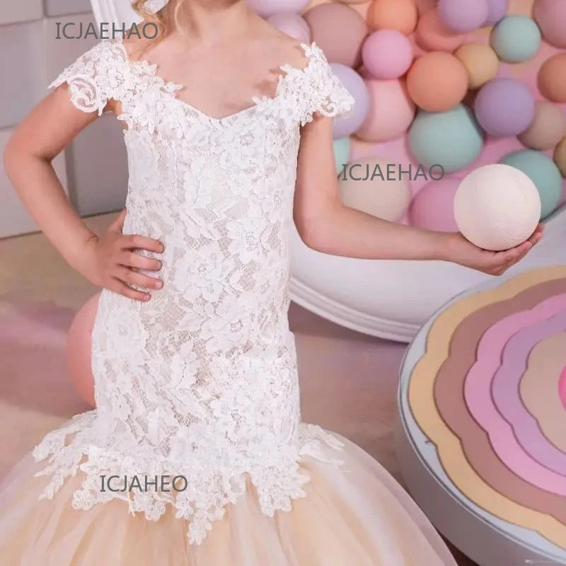 Baby Flower Girl Dress Kids Lace Long EveningGown Bridesmade Prom Mermaid Frocks