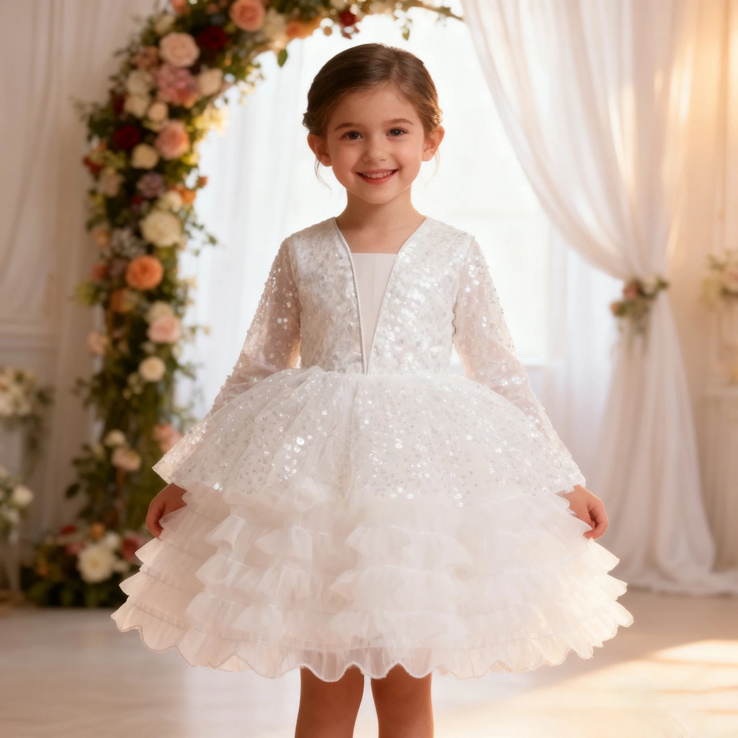 2026 Long slevee Sequins White baptism Dress Girl Pageant Dress