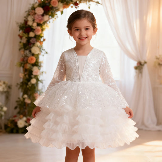 2026 Long slevee Sequins White baptism Dress Girl Pageant Dress