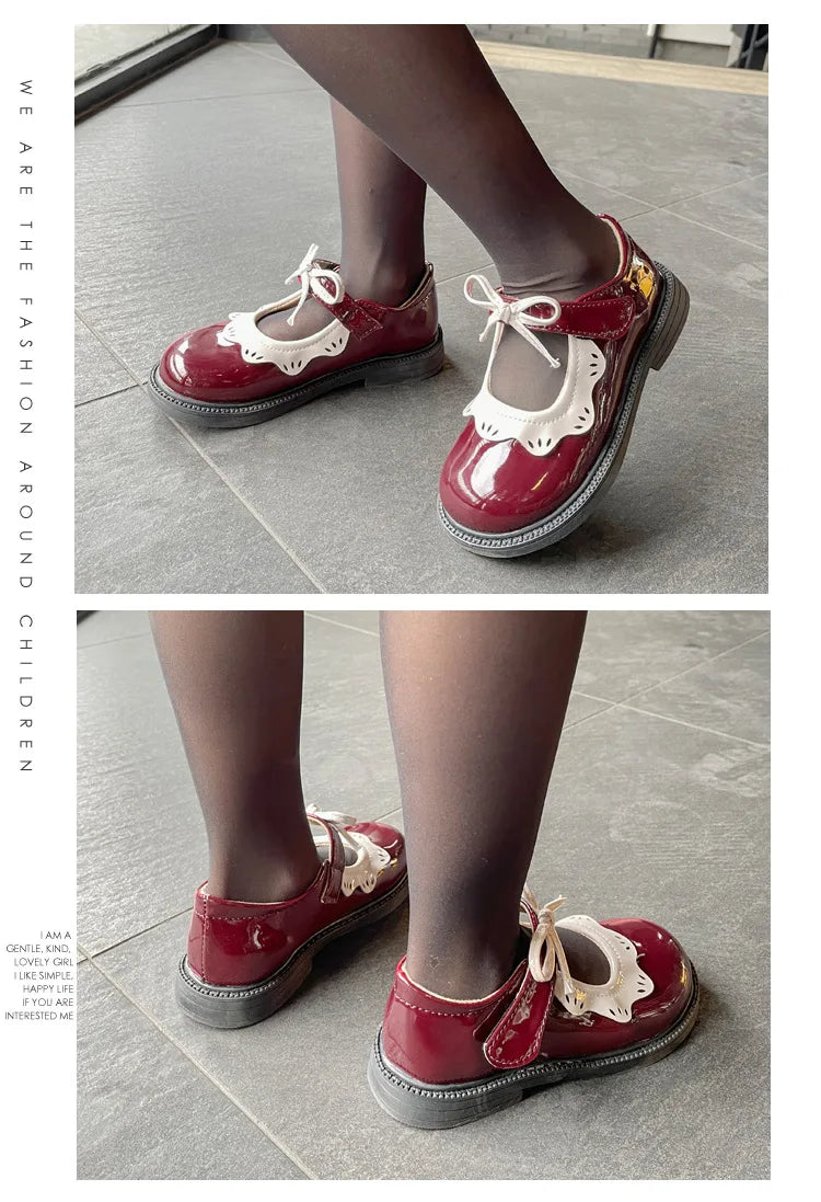 Girl's Princess Shoes Wine Red Black Ruffles Elegant Patent Leather Bowknot Children Flat Shoes 21-35 Toddler Kids Single Shoe