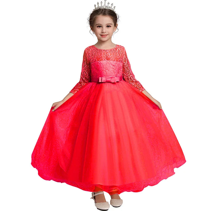 Girl's bow long sleeved princess dress 4-14 years old lace long mesh dress