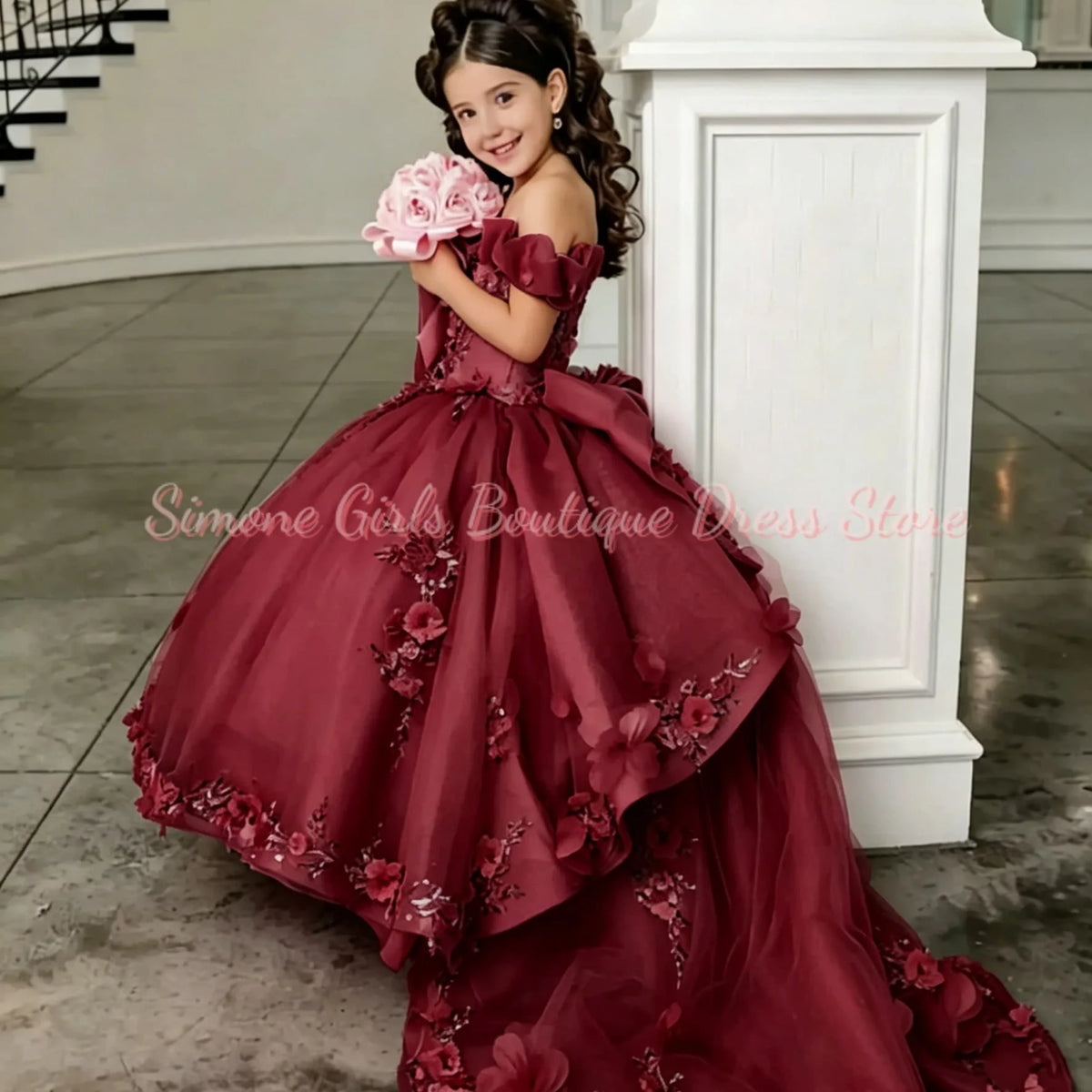 Girl Gown Flower Girl Dress for Wedding Off The Shoulder Applique Tulle Puffy