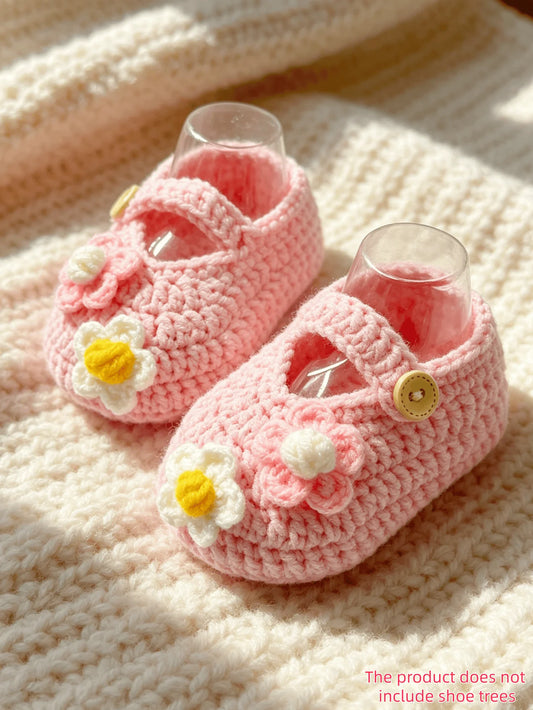 1 Pair Crochet Baby Girl Booties, Pink, Handmade Knit Shoes with Daisy