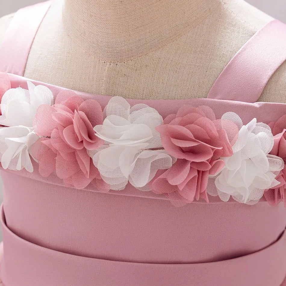 New Baby Girls 1st Princess Dress Infant Three-dimensional Flower One-word Shoulder Mesh Dress Baby Girl Performance Dress ASQ03