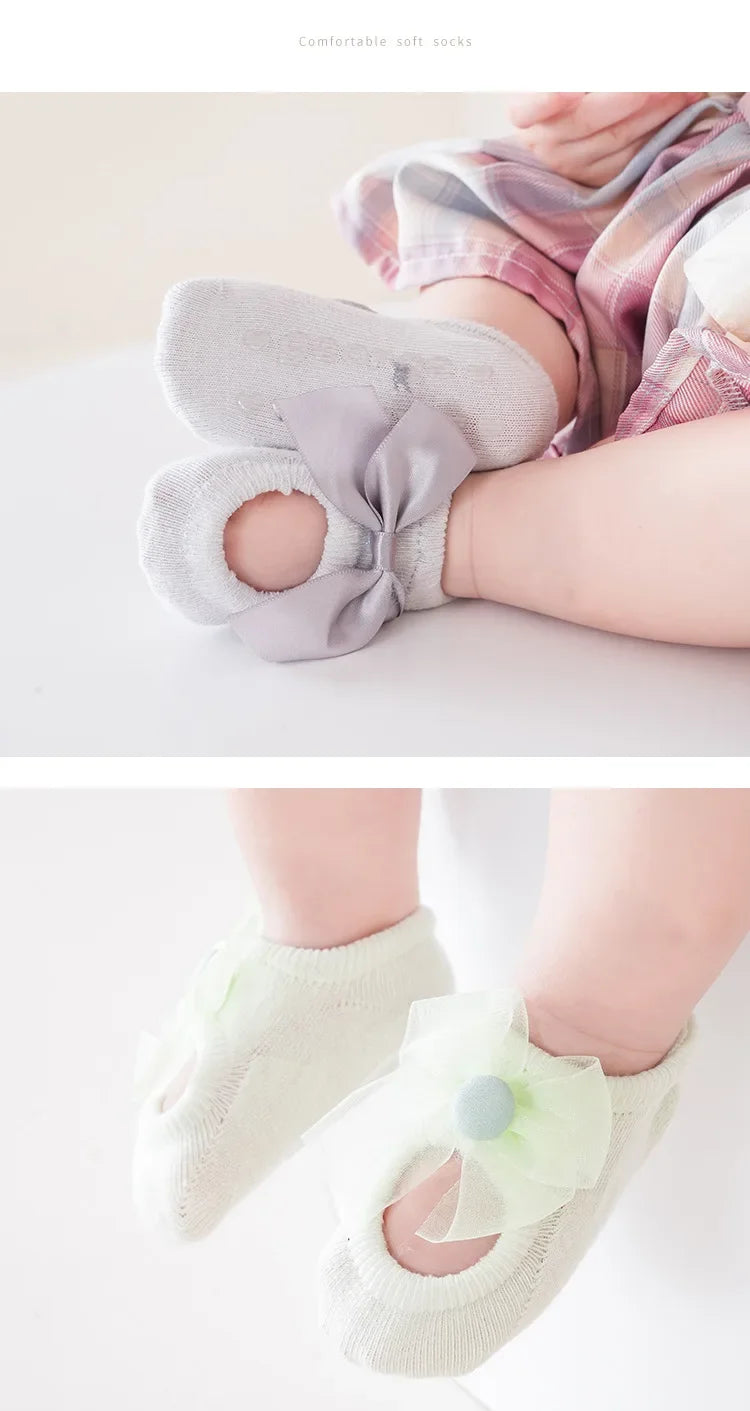 3 Pair Baby Girl Ankle Socks Lace Bow Infant Anti Slip Socks Newborn Princess Pearl Low Cut Socks Children Home Floor Shoes