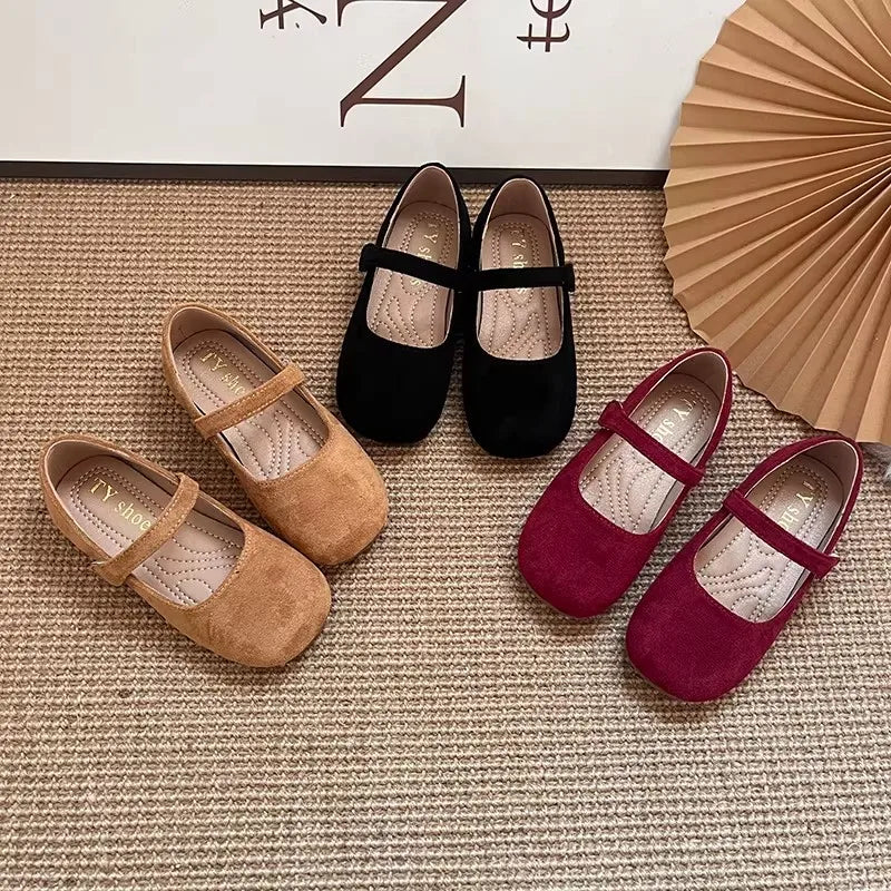 Spring Suede Mary Jane Shoes for Girls Vintage French Style Children Flat Shoe Easy Wear Adjustable Strap Children Shoes 23-35