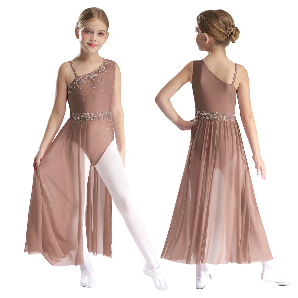 Girls Delicate 3D Flower Lyrical Dance Dress Asymmetrical Ruched Long Dress Gymnastics Modern Dance Clothes Performance Dress
