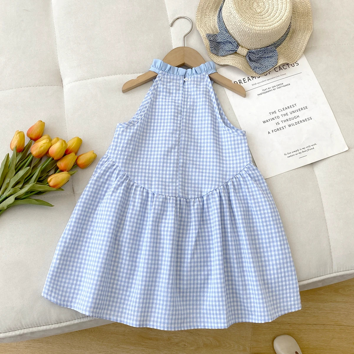 Kids Dresses for Girls Summer Casual Checkered Bow Halter Neck Dress