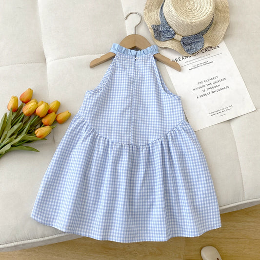 Kids Dresses for Girls Summer Casual Checkered Bow Halter Neck Dress