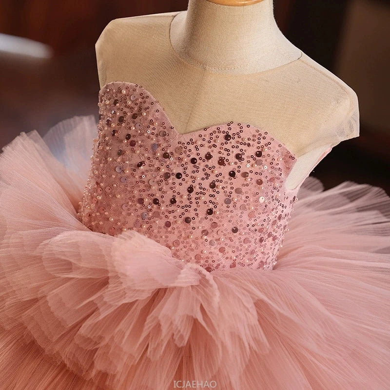 Girls Pageant Dress Stage Host Gown Kids Piano Performance Outfit Birthday Party FlowerWalking Formal Wear Girl Wedding Show