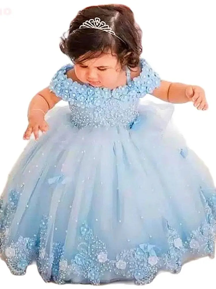 Baby Girls Dresses Off Shoulder Pearls Lace Butterflies Flower Girl Dress