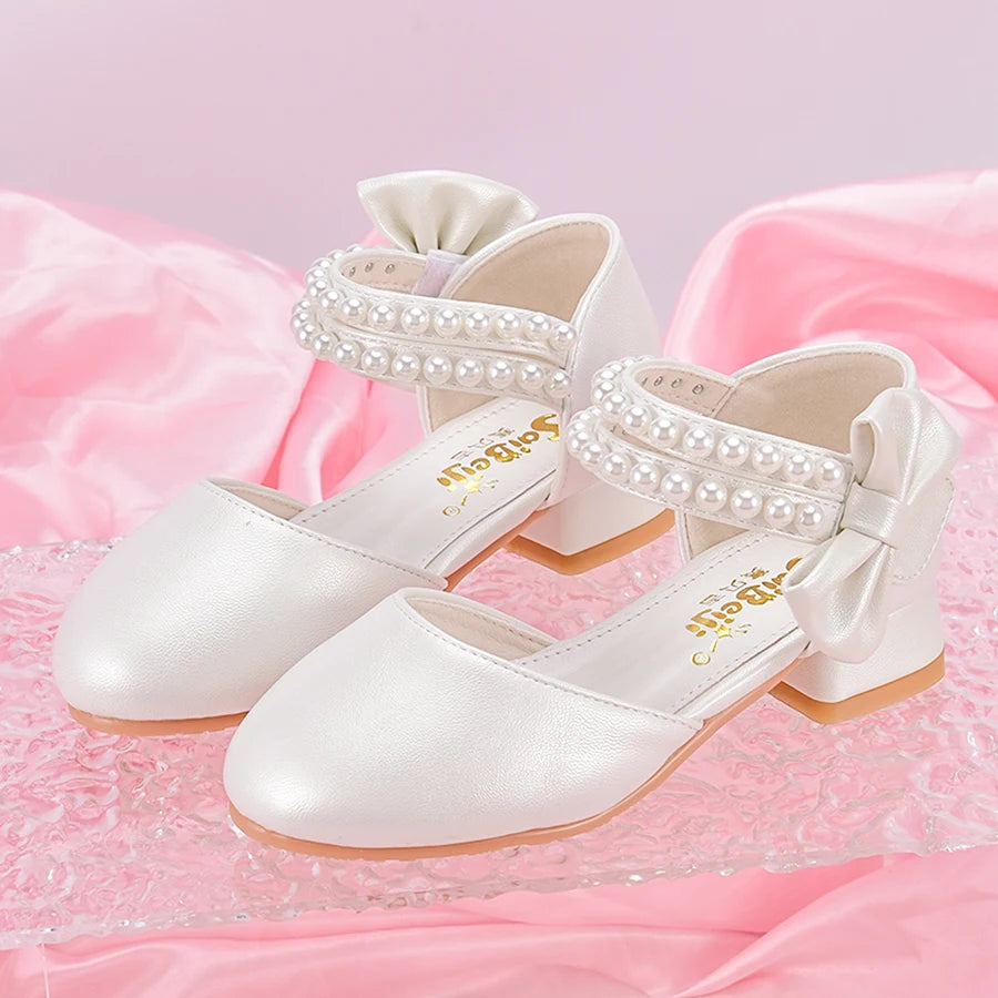 Children's Princess Shoes For Girls, Spring/Summer White Shoes With High Heels And Pearls For Big Kids