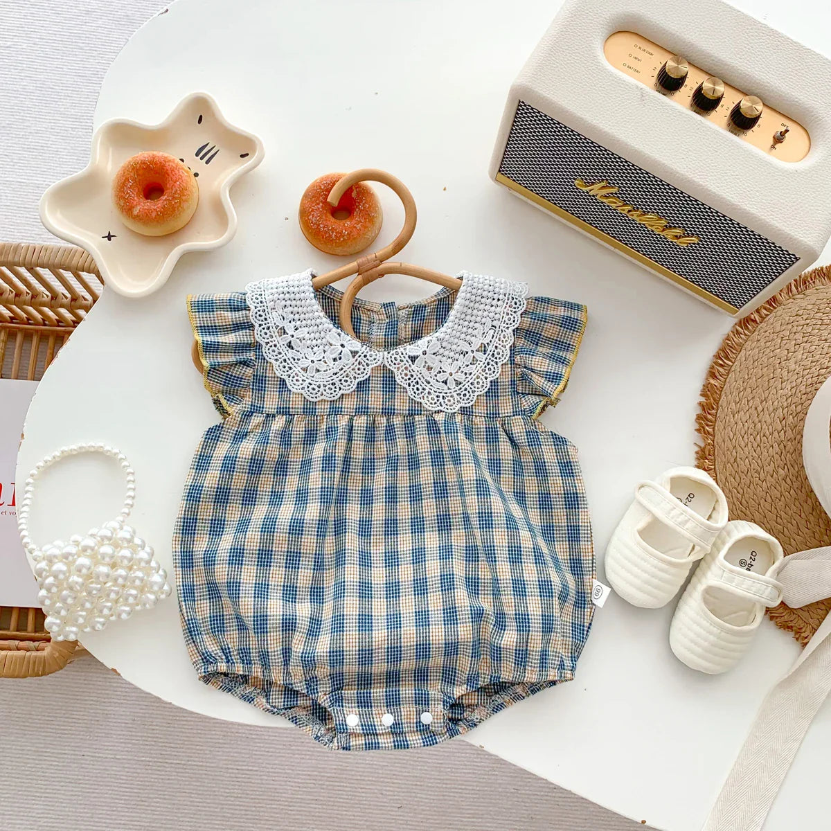 Lacey Plaid Fly Sleeve Romper