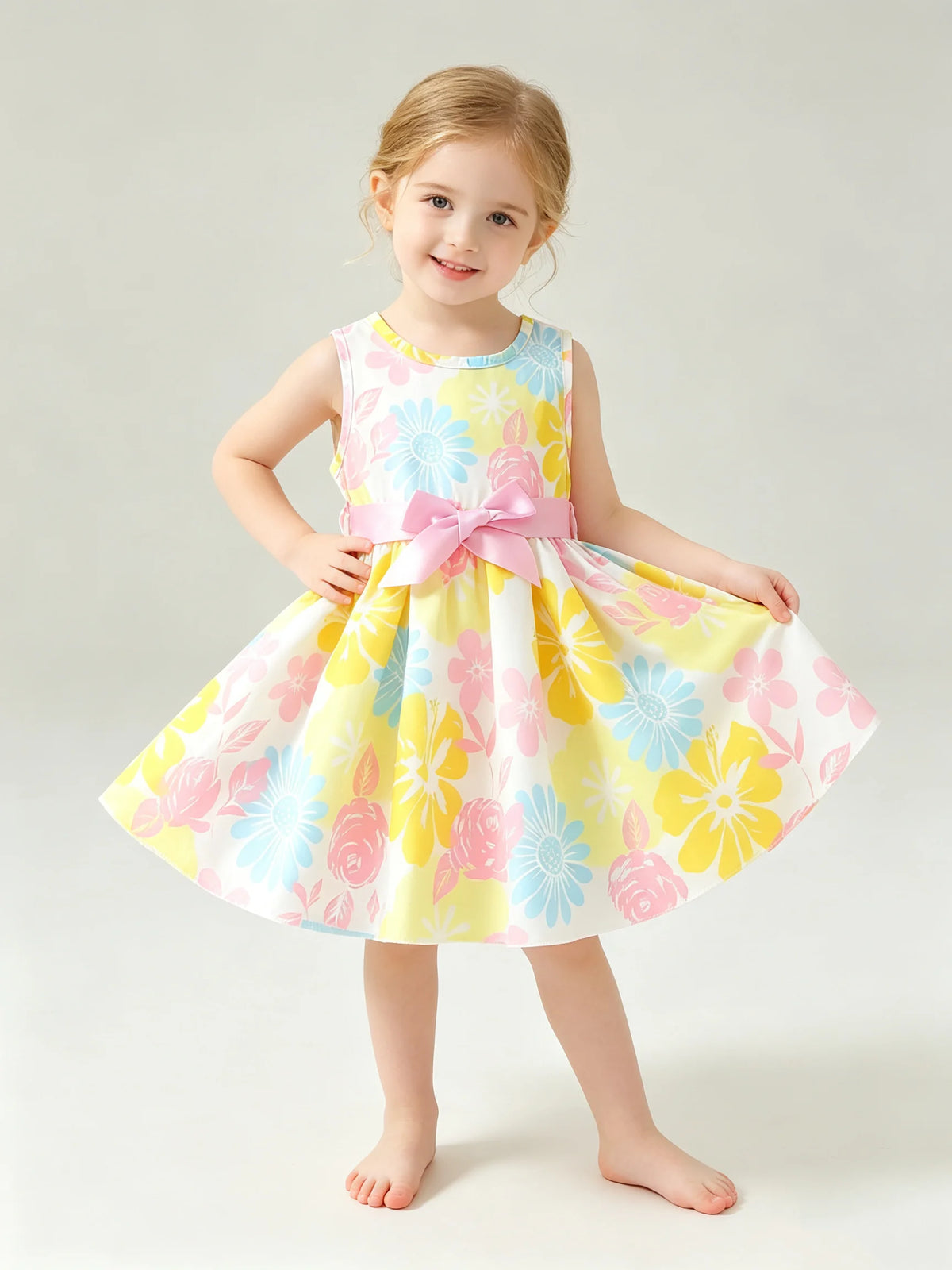 Baby Girl's Floral Print round Neck Sleeveless Dress with Pink Bow Waistband Sweet Cute Summer Casual Daily Outfit