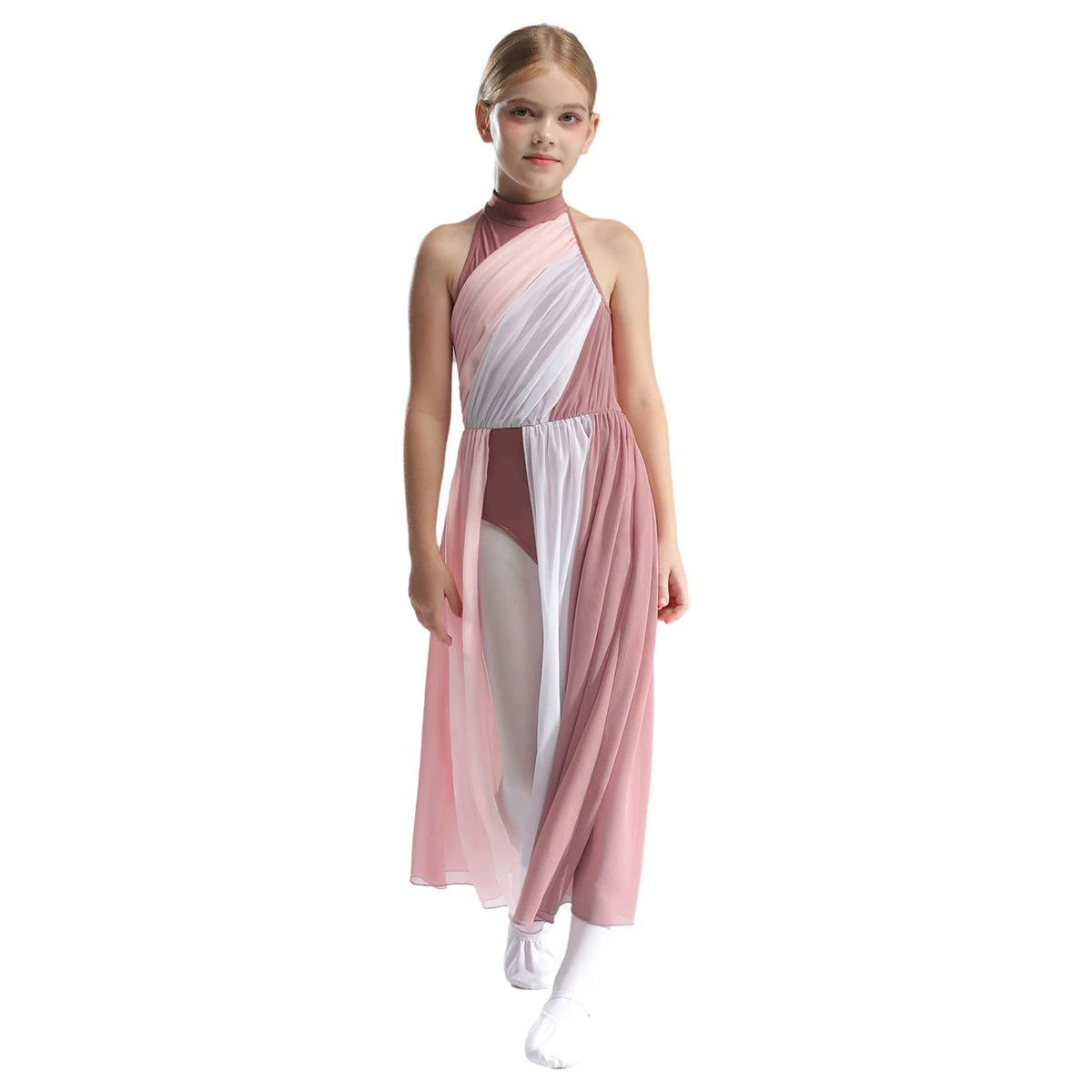Girls Delicate 3D Flower Lyrical Dance Dress Asymmetrical Ruched Long Dress Gymnastics Modern Dance Clothes Performance Dress