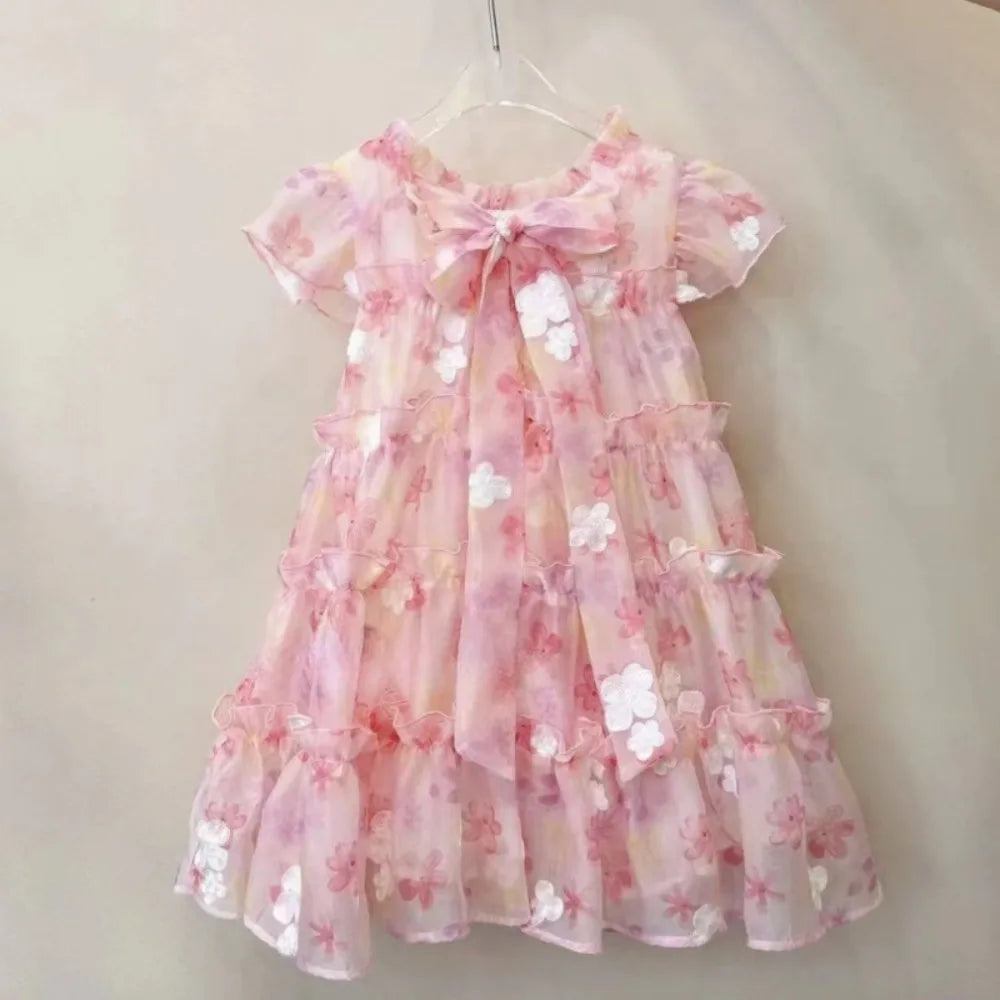 Summer New Pink 3-7 Year Old Girl Casual Clothes Round Neck Lace Floral Dress