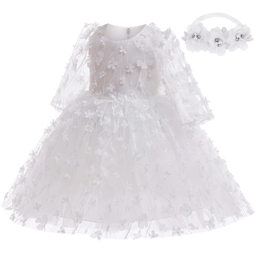 Baby Girls Flowers Tulle White Princess Dress With Headband For Infant Baptism