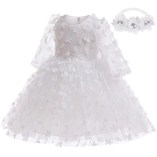 Baby Girls Flowers Tulle White Princess Dress With Headband For Infant Baptism