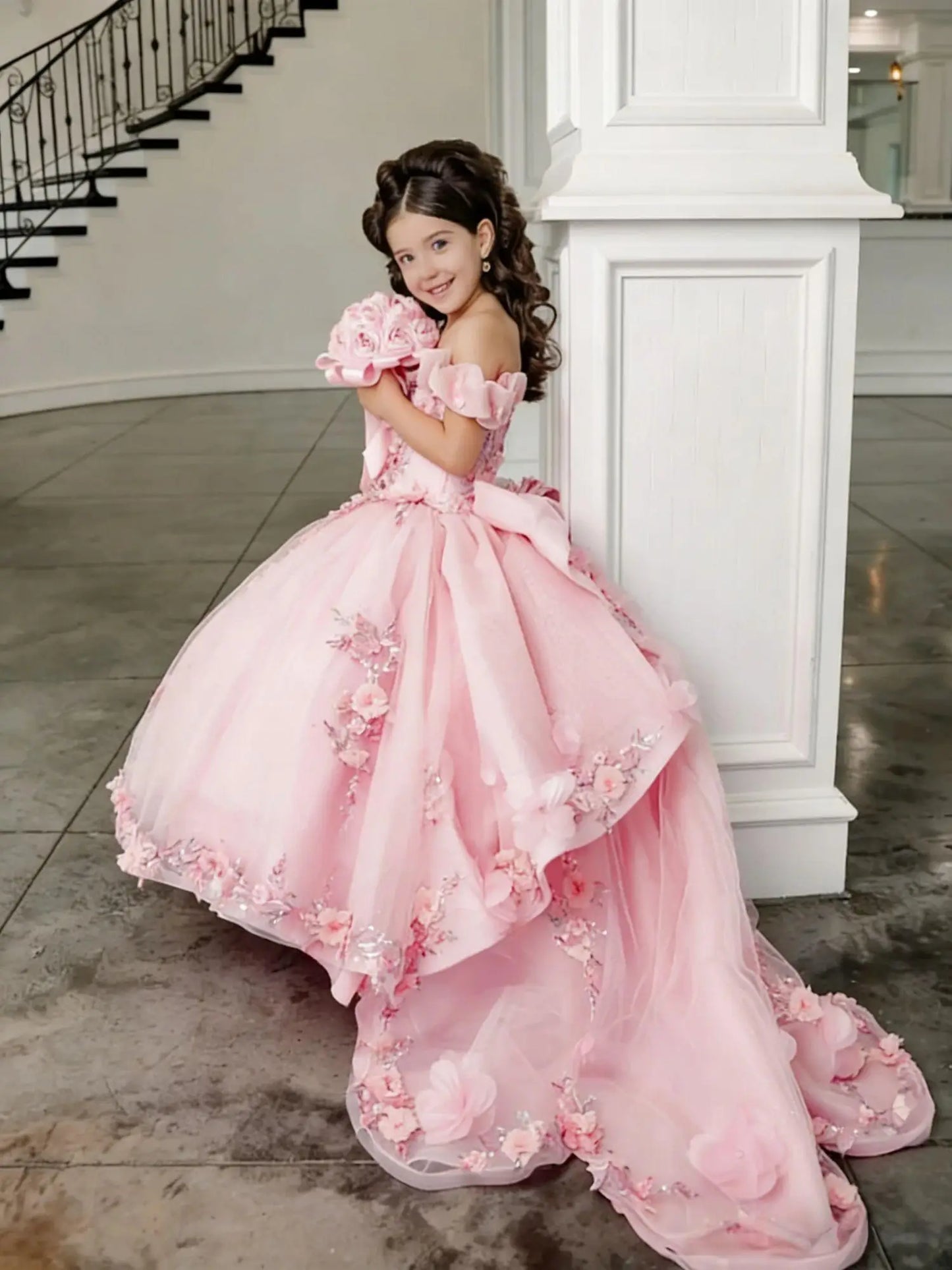 Girl Gown Flower Girl Dress for Wedding Off The Shoulder Applique Tulle Puffy