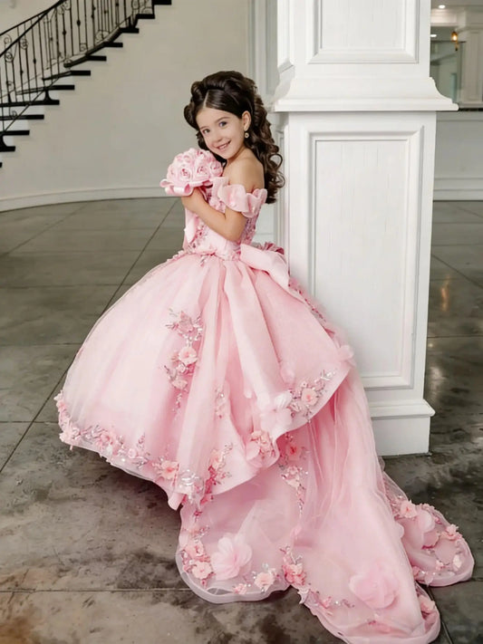 Girl Gown Flower Girl Dress for Wedding Off The Shoulder Applique Tulle Puffy