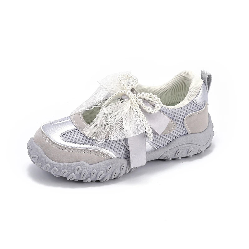 2026 Summer Kids Sport Sneakers for Girl Pearl Lace Mary Jane Flats Lightweight Non-Slip