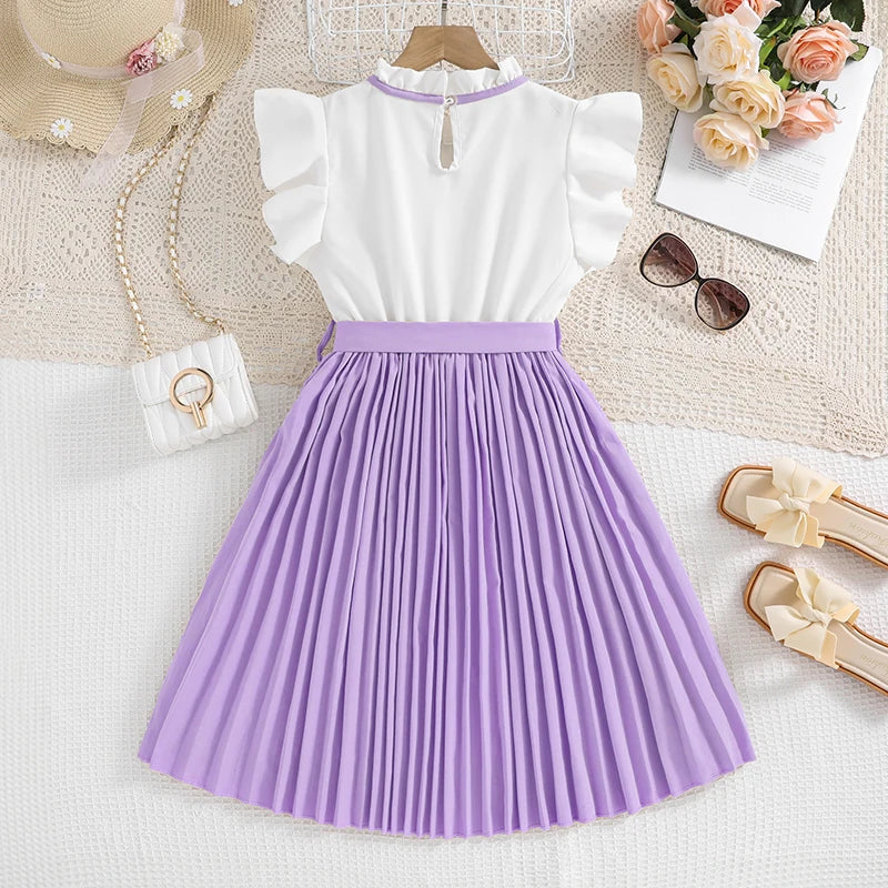 Emma Kids Dress for Girls with Pleated Skirt and Bow Tie