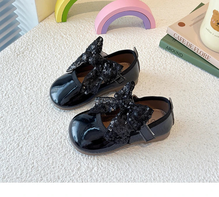 Girls Dance Performance Shoes Black Kids Princess Shoes Mesh Lace Bow 2025 New Girls Flat Shoes Round Toes Elegant Ins Trendy
