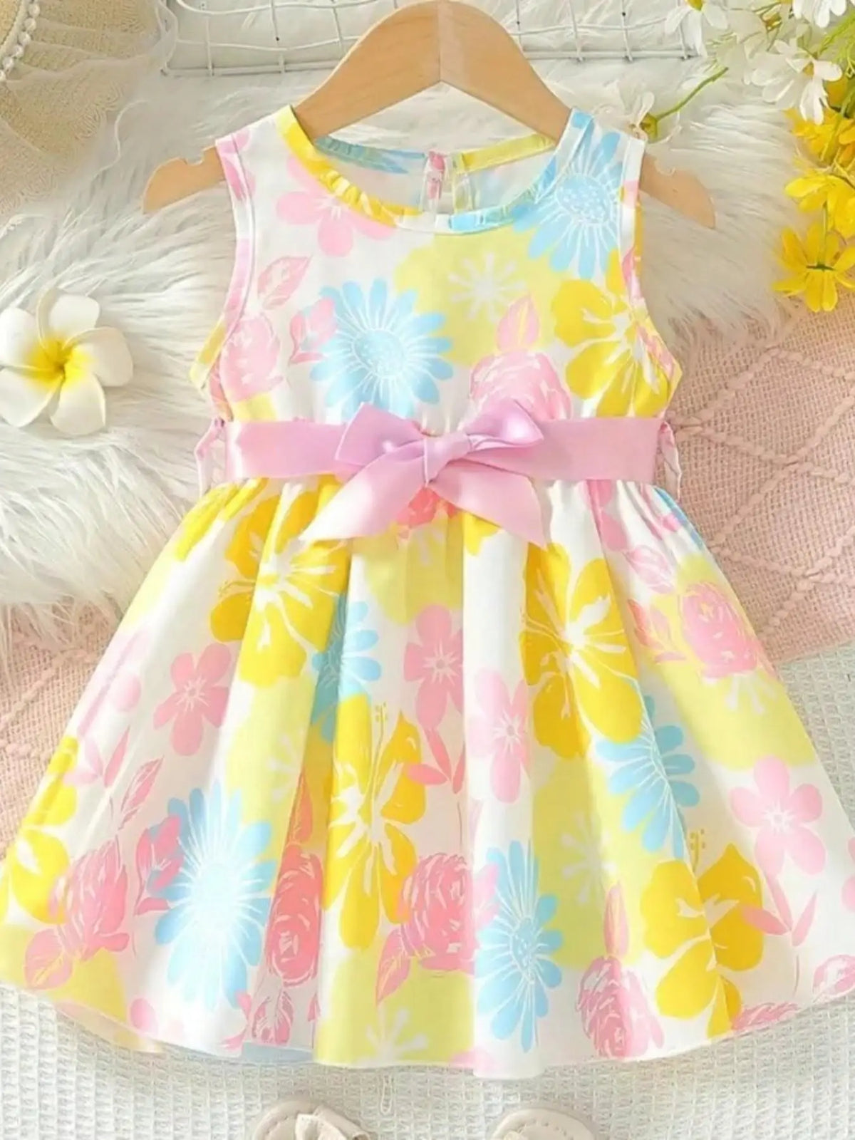 Baby Girl's Floral Print round Neck Sleeveless Dress Pink Bow Waistband Sweet Cute Summer Daily Casual Dress