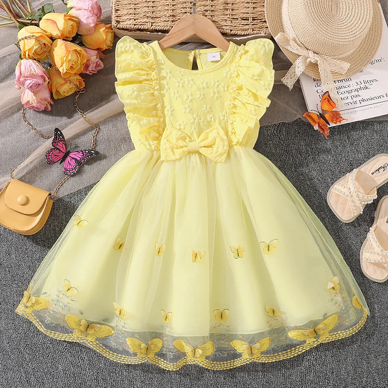 Dress For Girls Yellow O-Neck Fly-Sleeve Tulle Bowknot