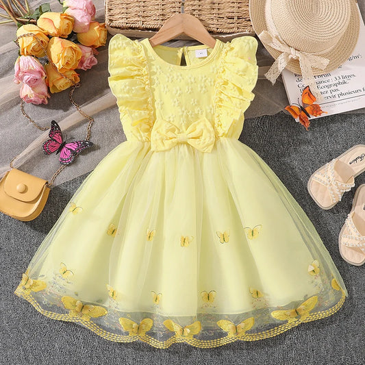 Dress For Girls Yellow O-Neck Fly-Sleeve Tulle Bowknot
