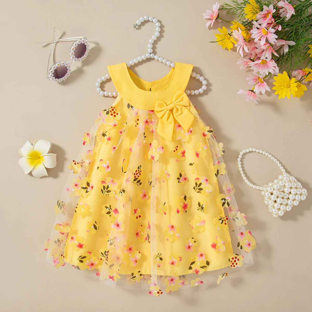 (0-3 Years Old) Summer Mesh All Over Flower Bow Baby Girl Dress