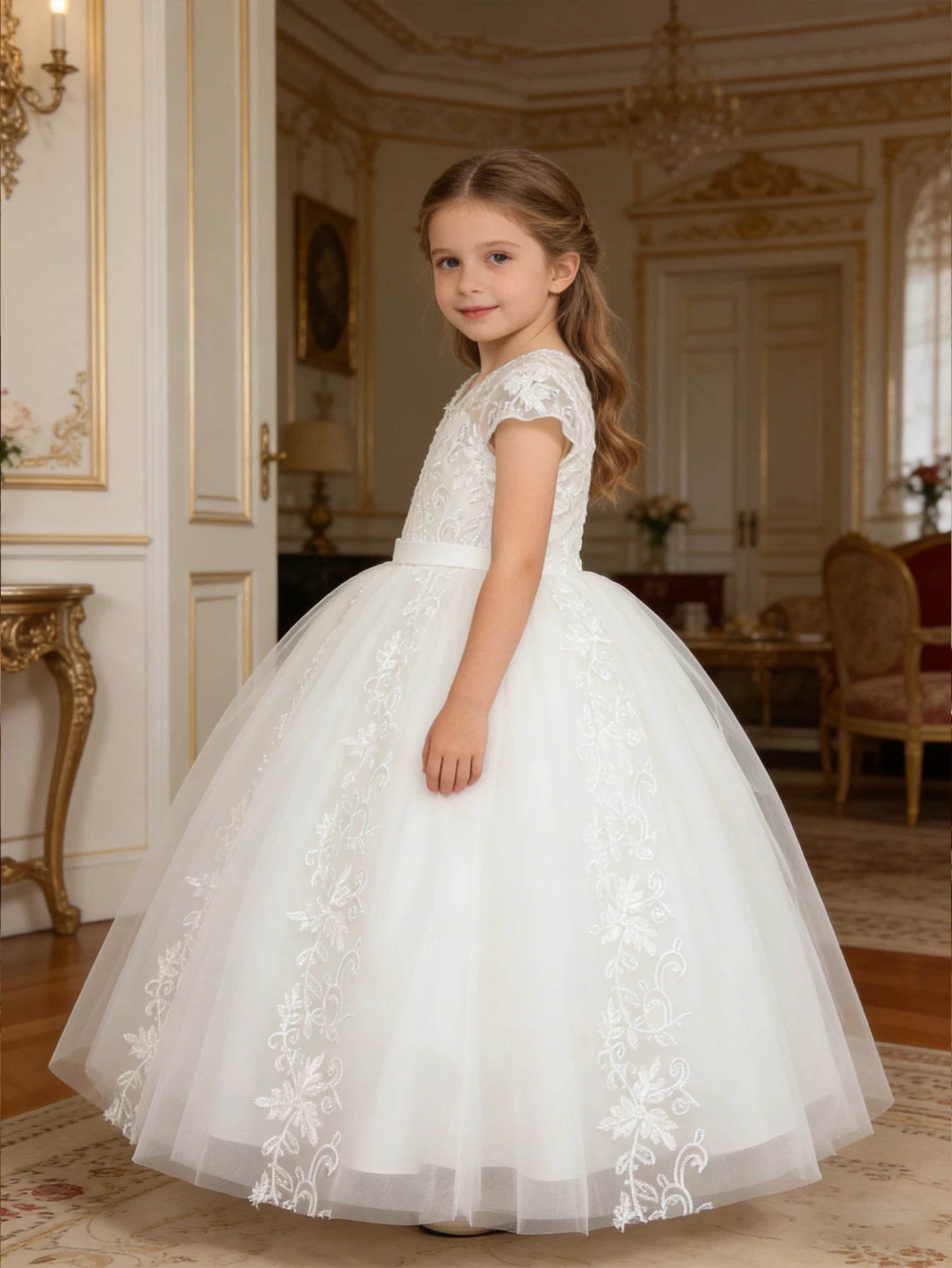 Girls V-Neck Lace Embroidered Flower Girl Dress