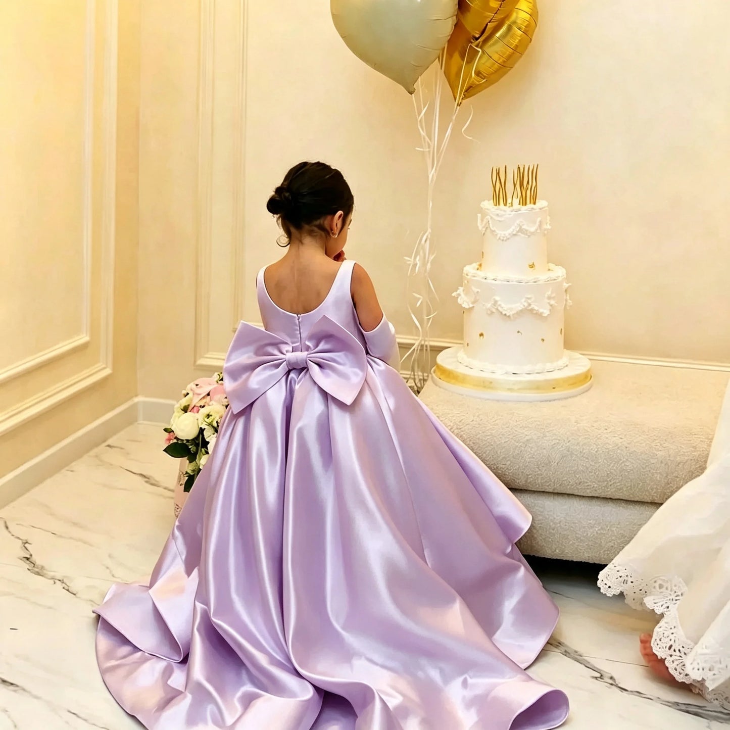 Flower Girl Dress White Satin A-Line Bow Back Long Train Flower Girl Gown Toddler Wedding Pageant Events Customized Wholesale